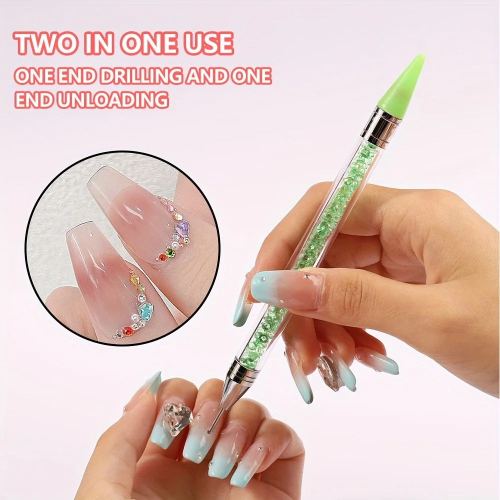 1 PC ネイルアート双頭ラインストーンピッカーペン、ラインストーンピックアップ用ネイルアートワックスペン、ネイルアート用ドットツール