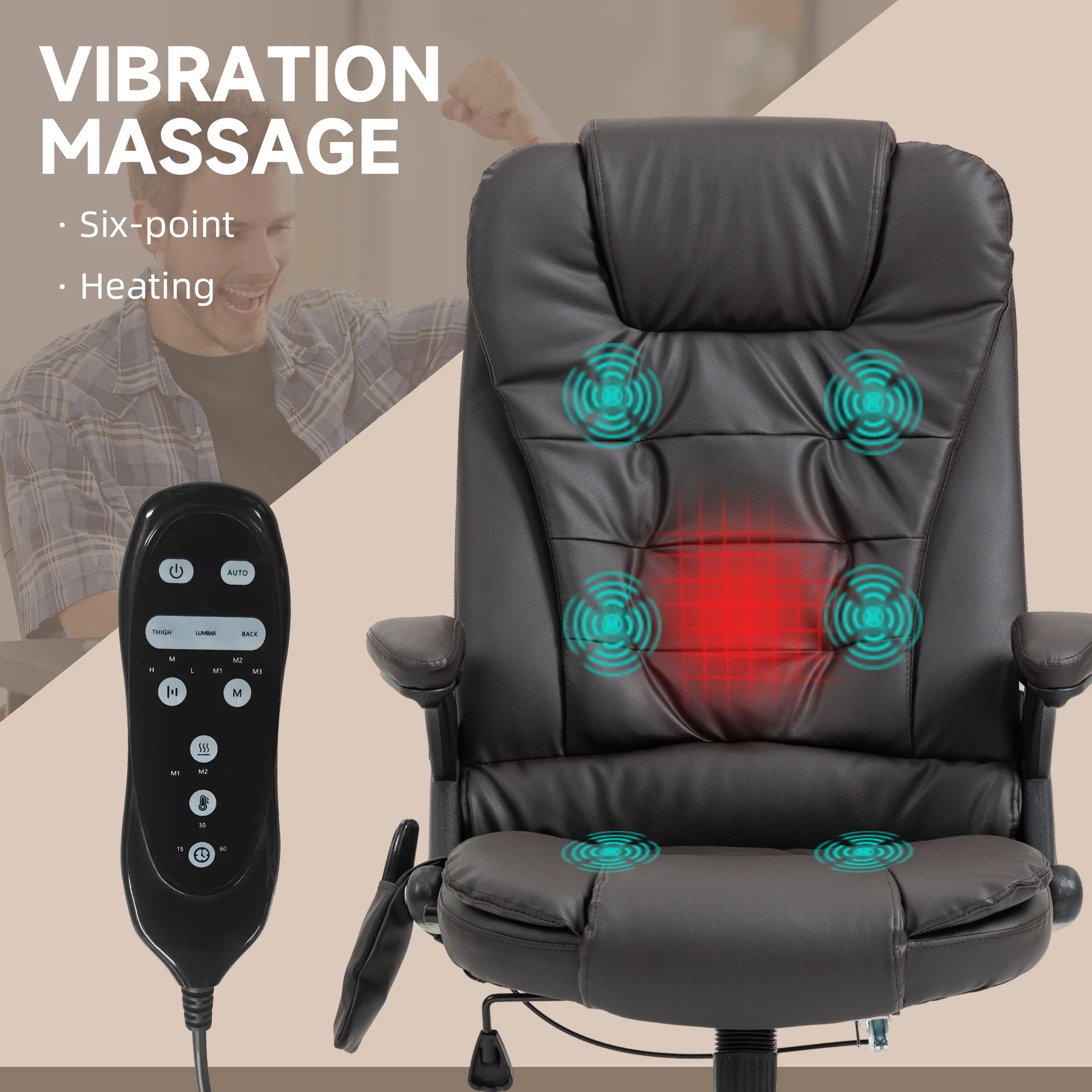 Homcom High-Back Vibration Massage Chair, Heating Office Chair, Dark Brown image 3