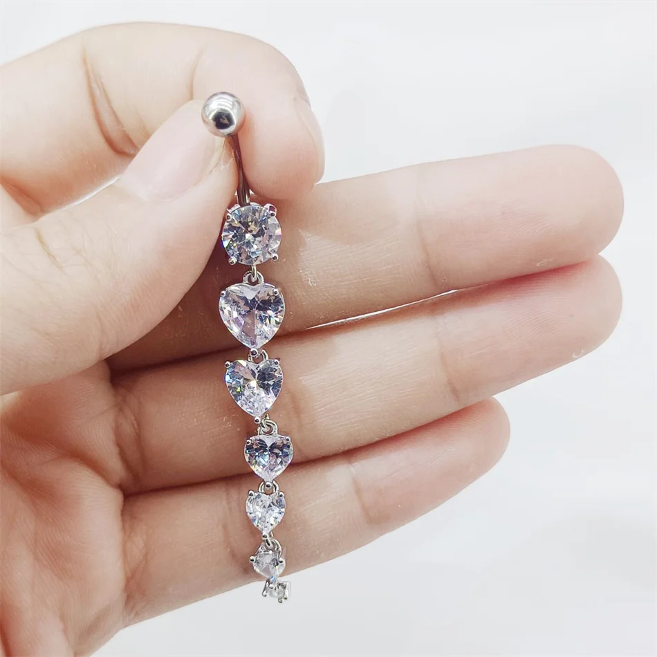 Silver Color Long Pendant Drop Navel Ring With CZ Heart 6-16mm Medical Titanium Curved Barbell 14G Belly Button Piercing Jewelry view 4
