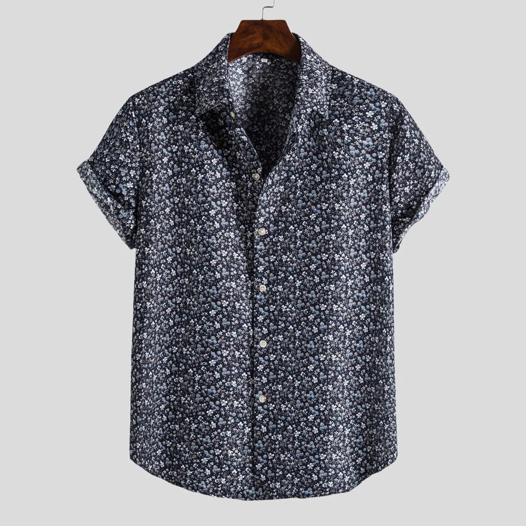 Mens Plain Shirts Summer Short Sleeve Turn Down Neck Shirt Fashion Ethnic Printing Casual Men Shirts Single Breasted Top