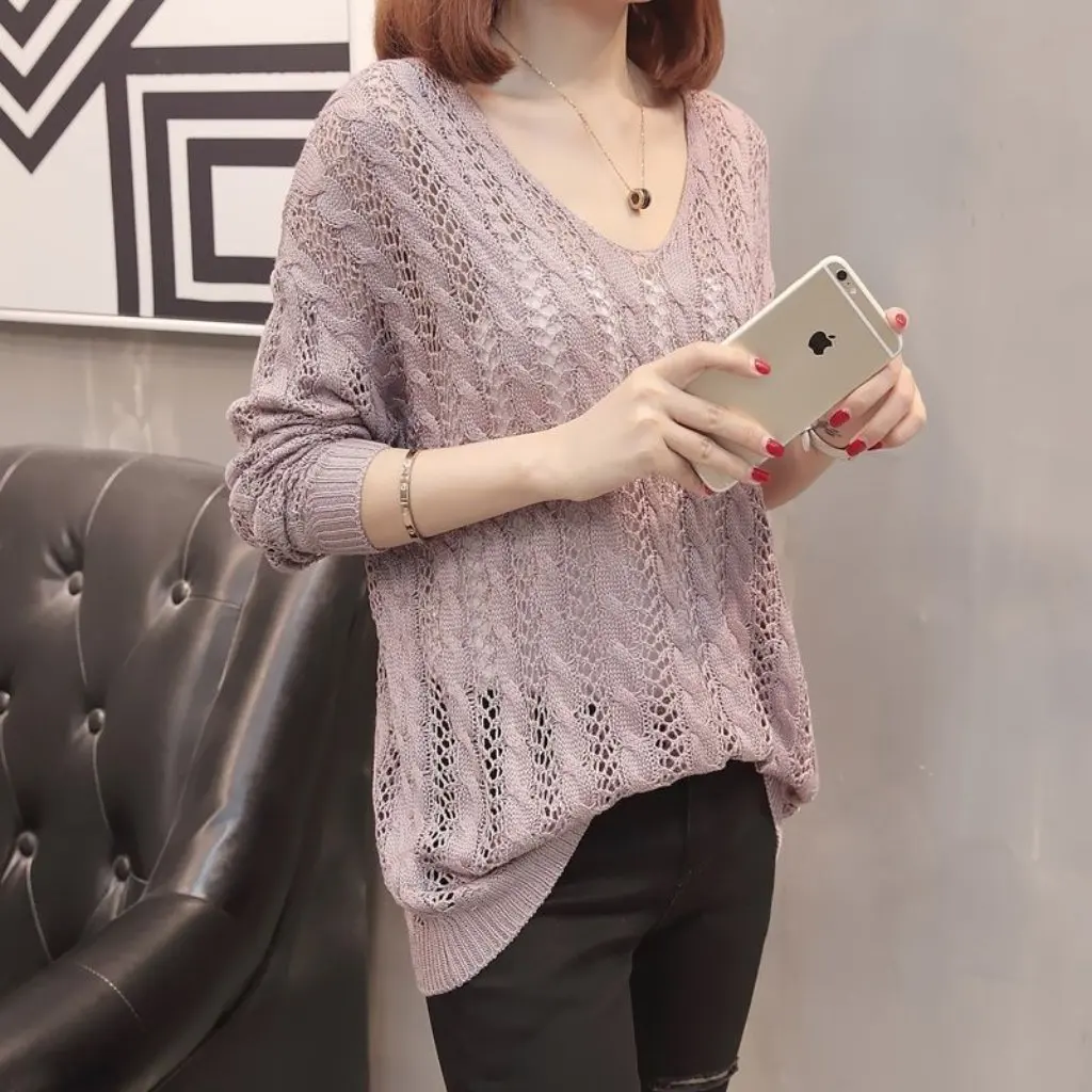 

Women's Hollow Knitted Sweater Loose Pullover Long Sleeve Blouse Spring Autumn Top Thin Fashionable Casual Wear