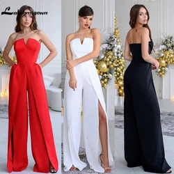 Modern V-neck Tall Waist High Split Jumpsuit Wedding Dress 2022 Satin Bridal Gown Zipper Ankle-Length Pleat robe de soirée femme