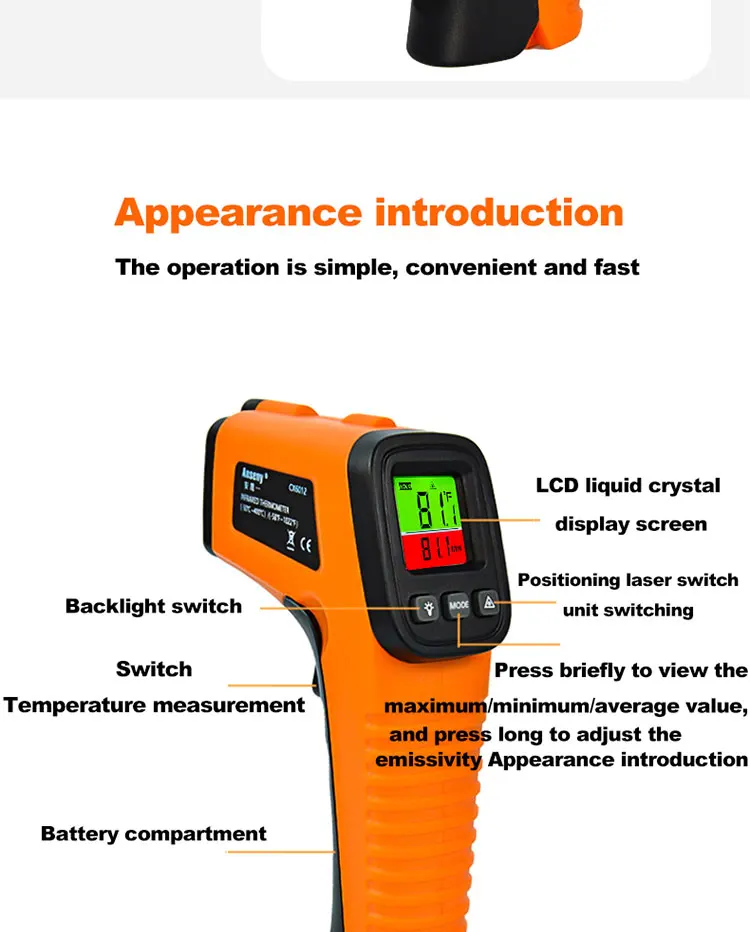 Hochempfindliche digitale Infrarot-Messpistole, Hygrometer, Hintergrundbeleuchtung, Bildschirm, Laserpositionierung, berührungslose Temperatur – Detail 16