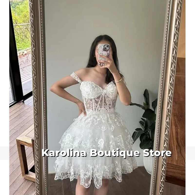 Sparkly Tulle Tiered Homecoming Dress for Teens Off Shoulder Short Cocktail Party Gown Corset Formal Mini Prom Dress