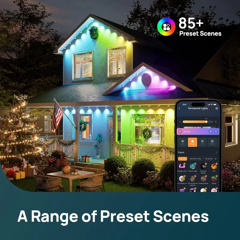أضواء خارجية دائمة HP5، أضواء عيد الميلاد الذكية AI RGBTW 100ft، 85 وضعًا للمشاهد للعطلات اليومية للهالوين