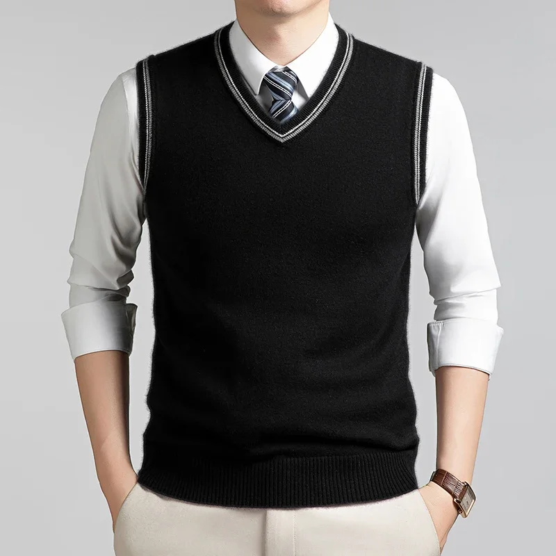 Mens Sleeveless Knitted Waistcoat V Neck Striped Edge Sweater Vest Smooth Knit Top Formal Daily Office Matching Outfit