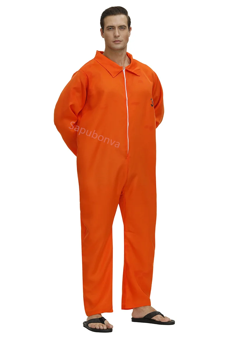 Prisoner Costume Outfit Mens Women Halloween Orange Prison Jumpsuit Adult Jail Criminal Cosplay Fancy Orange