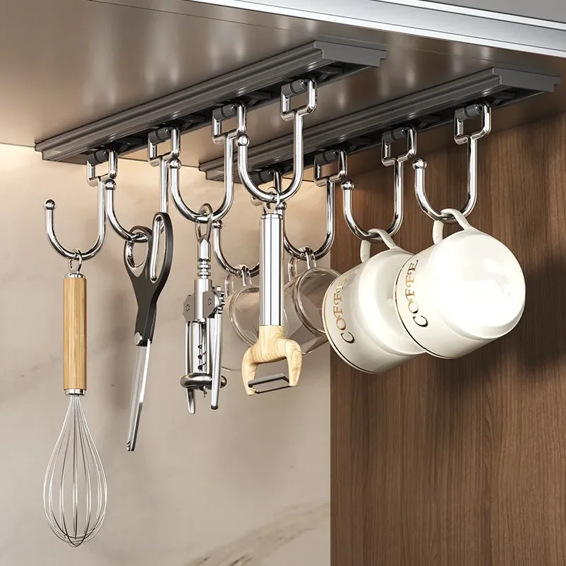 Kitchen Hooks sliding track Storage Rack Without Punching Wall-mounted Rack Kitchenware Bathroom Storage Multifunctional Shelves