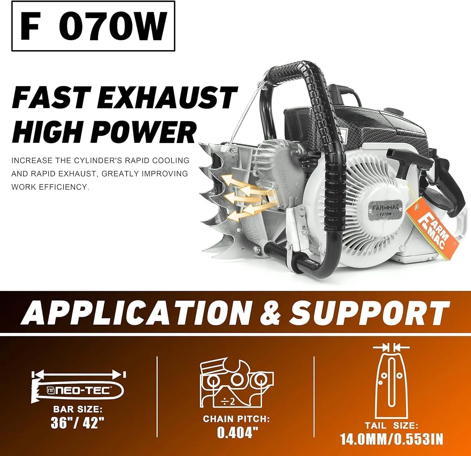 Farmmac F070W Gas Chainsaw With 42 Inch Alloy Solid Bar, 105Cc 2-Cycle Gasoline Power Chain Saws, 4.8Kw 6.5Hp Power Chain Saw