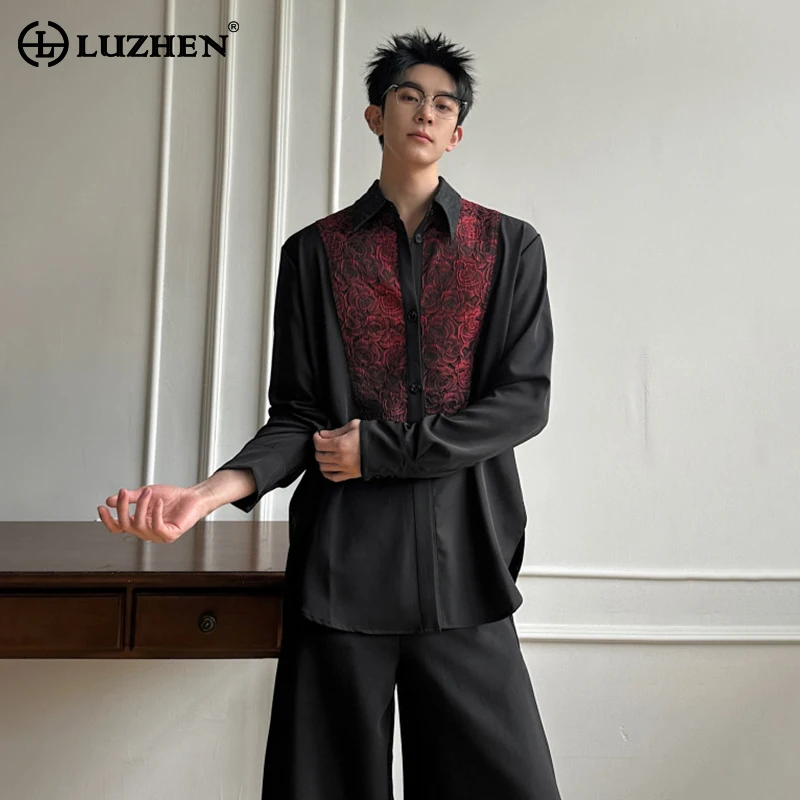 

LUZHEN 2026 Spring Rose Pattern Color Contrast Patchwork Long Sleeve Shirts Men's Trendy Elegant Temperament Casual Tops JY6386