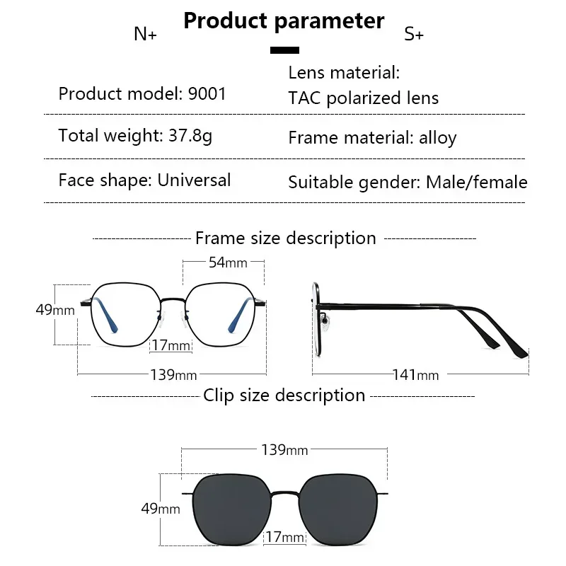 3 in1 Magnetic Clip Myopia Sunglasses Glasses Women Men Polarized Prescription Optical Big Frame Eyeglasses