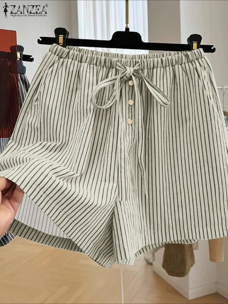 

ZANZEA, модные полосатые шорты, женские шорты, лето 2025 года, короткие брюки на шнуровке с эластичной резинкой на талии, повседневная свободная повседневная одежда, легкие штаны