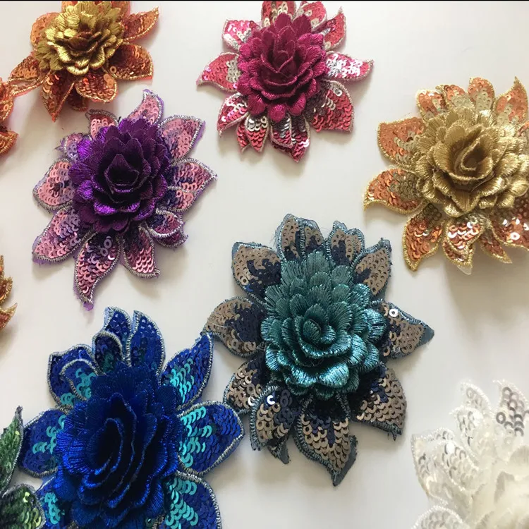 3d Sequined Embroidery Flower Appliques Trims Diy Sewing Apparel Patches For Dress 8CM