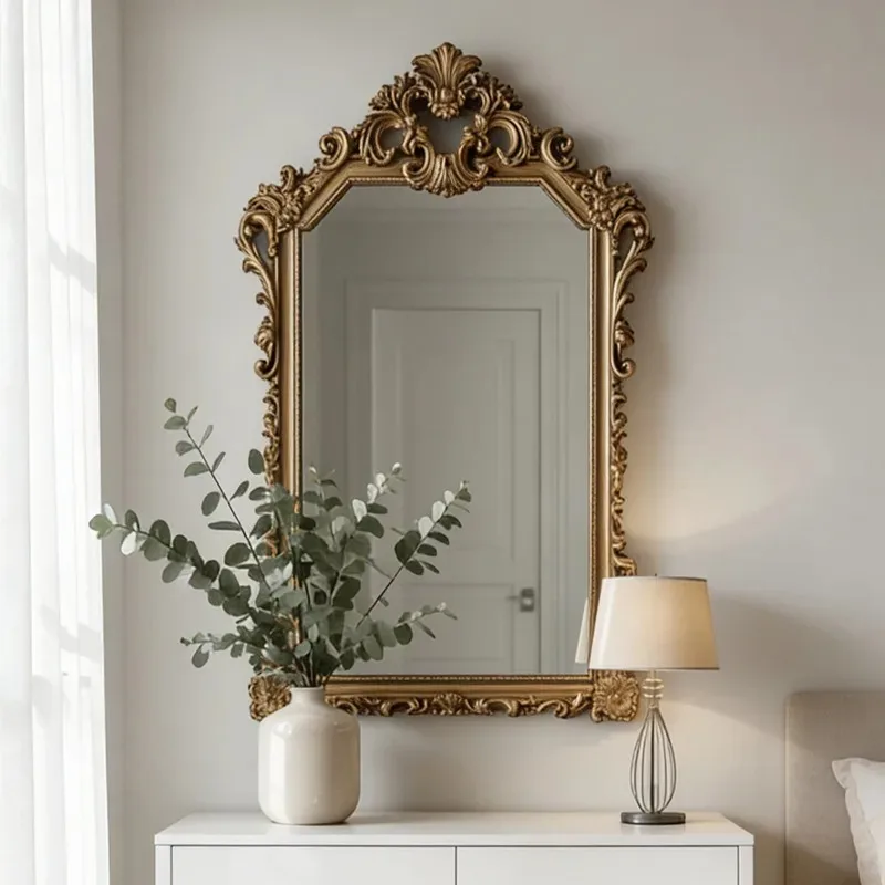 European retro makeup mirror bathroom wall hanging carved dressing mirror French special-shaped living room entrance fireplace d