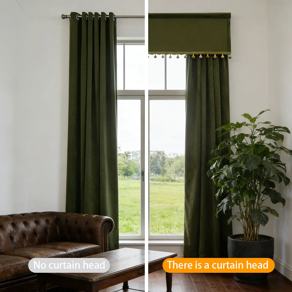 1Pcs Olive Green Solid Velvet Curtain Valance, Retro Tropical Simple Style, Pom-pom Fringe Window Valance for Apartment Homestay