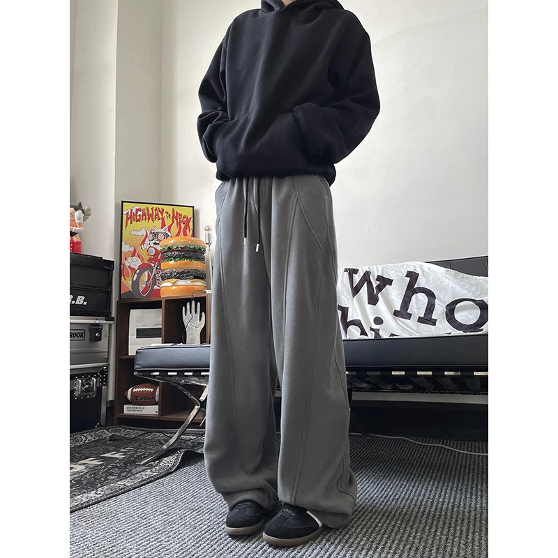 Winter Thicken Beige Pants Men Warm Fashion Thick Casual Pants Men Streetwear Korean Loose Wide Leg Pants Mens Trousers M-3XL