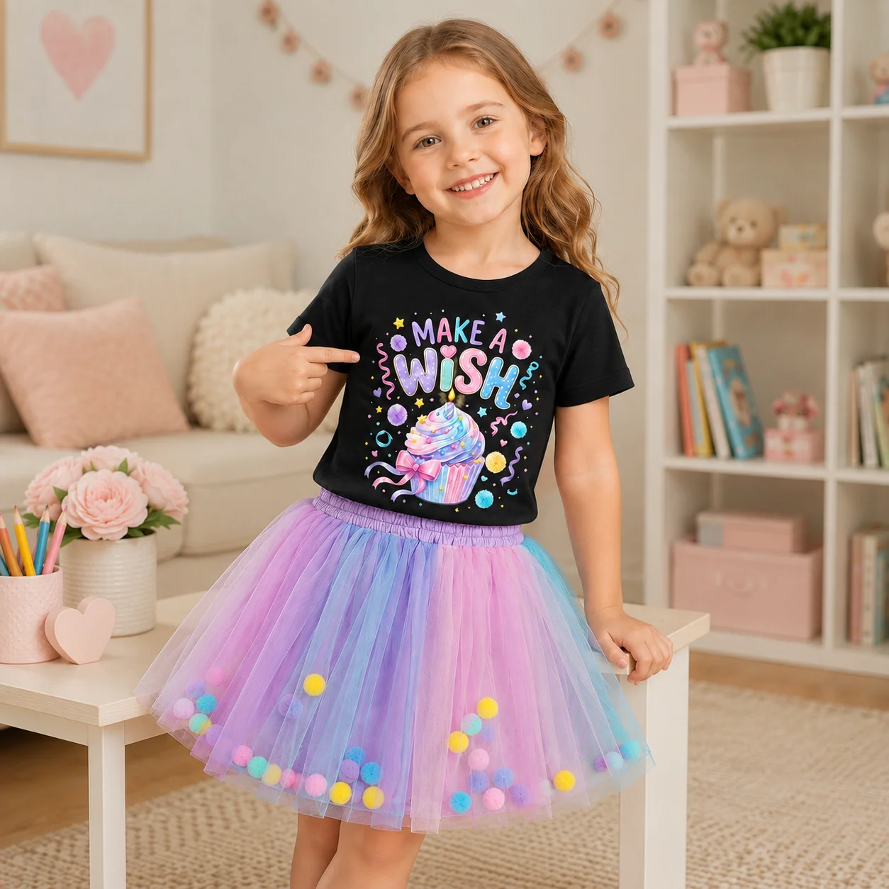 Costume d'anniversaire 2 pièces pour filles, t-shirt imprimé cupcake Make A Wish, jupe Tutu arc-en-ciel à pompons, tenue de princesse pour fête