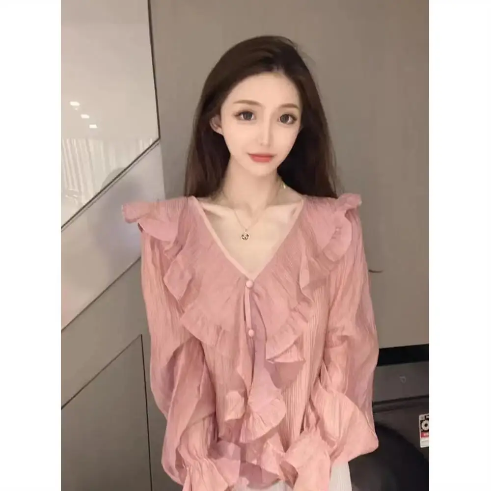 Pleated Ruffle Edge Shirt Women in Spring Autumn New Korean Version Niche Design Fashionable Temperament Casual Commuting Top