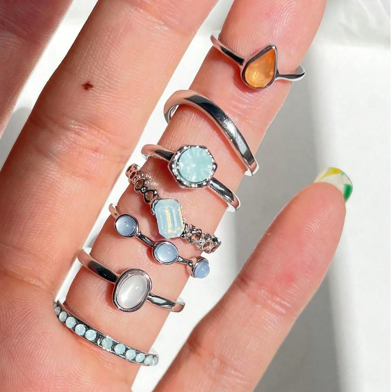7PCS Colorful Rhinestone Metal Geometric Ring Jelly Rhinestone Stacked Ring Set Women's Jewelry Everyday Special Occasions