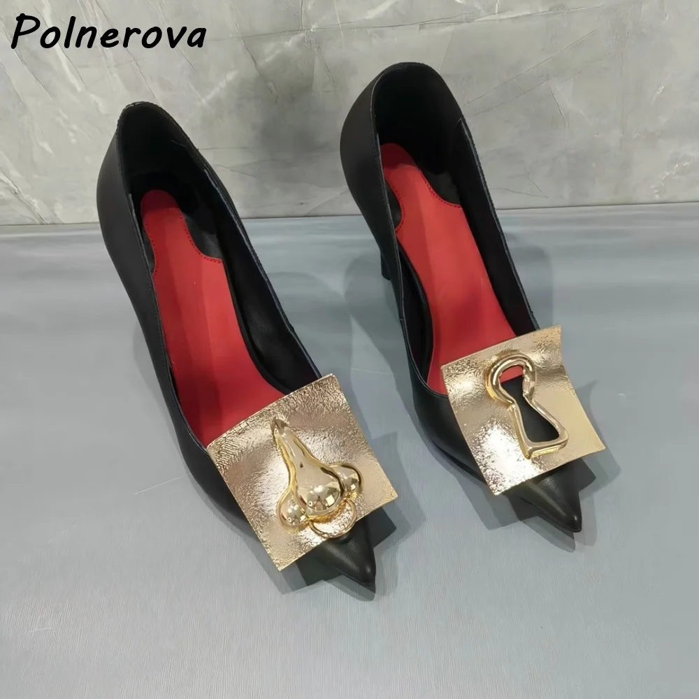 Black Leather Pointed Toe Stiletto Pumps Unique Gold Metal Square Buckle Thin High Shoes Fashion Elegant Office Evening Shoes