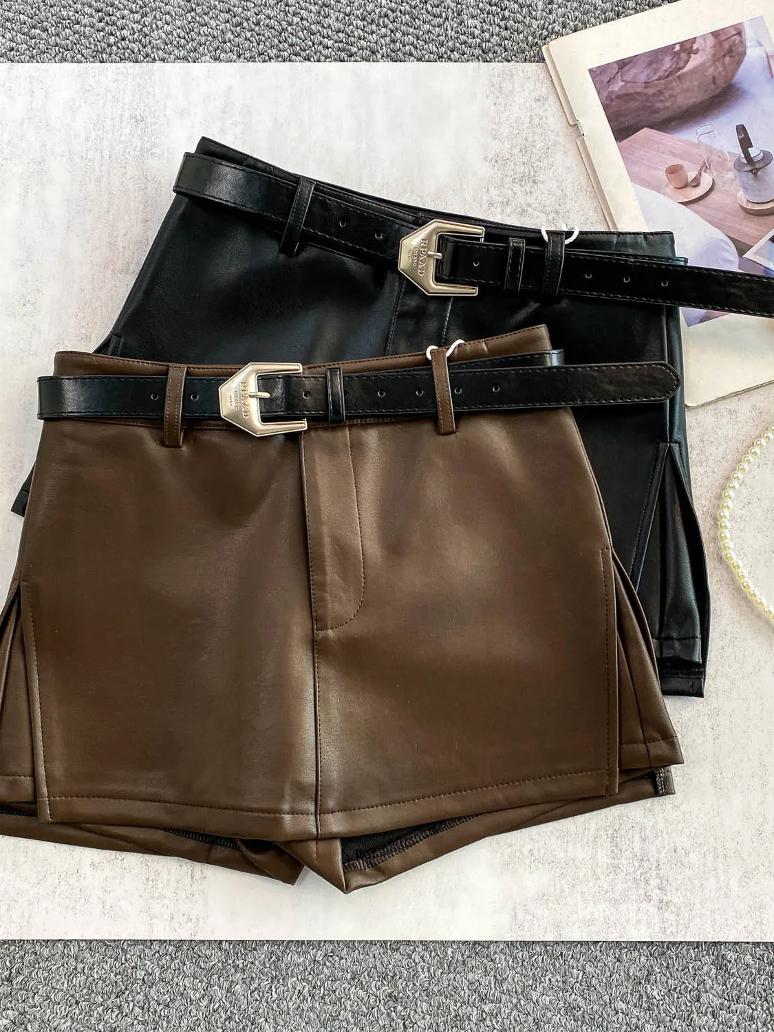 تنورة من جلد البولي يوريثان باللون البني بخصر عالٍ وتصميم تنحيف على شكل حرف A للنساء، سراويل تنورة عصرية عالية الجودة