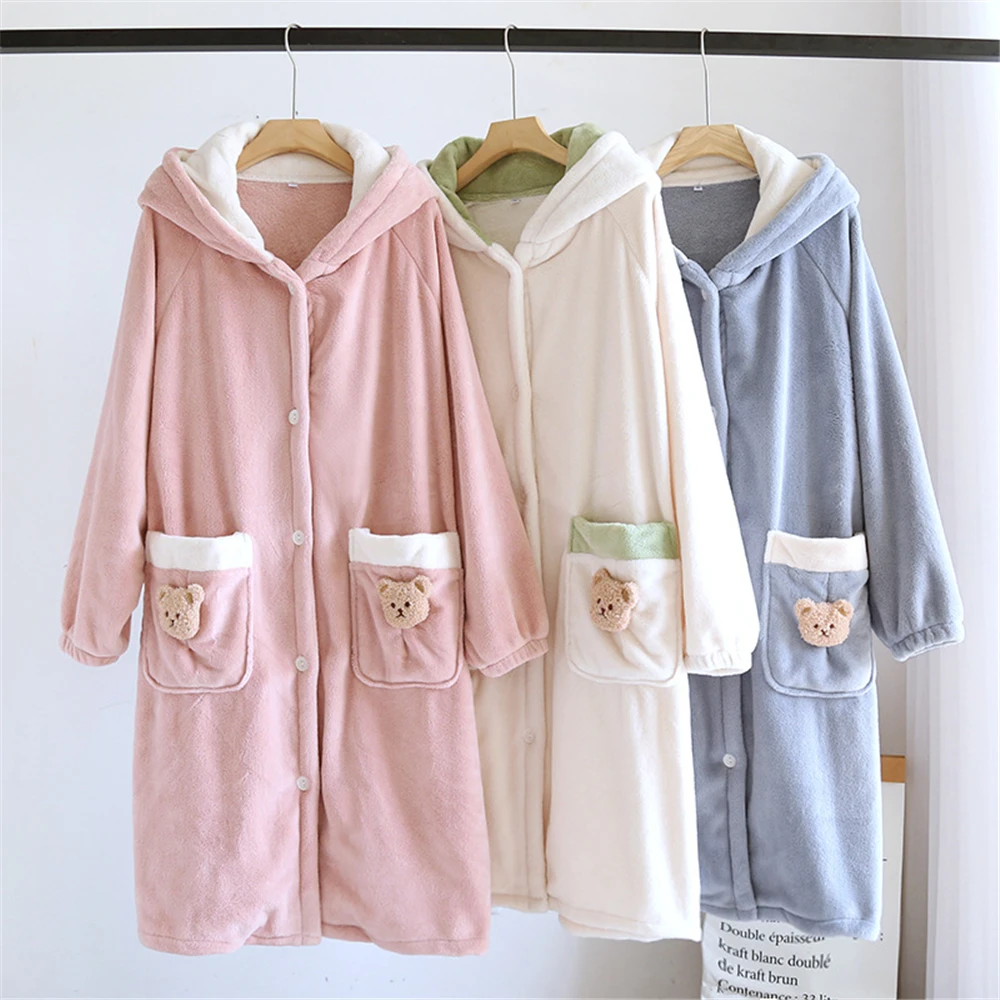 

Autumn Winter Thicken Robe Women Kimono Bathrobe Gown Nightgown Warm Flannel Nightwear Female Cartoon Animal Pijamas Homewear