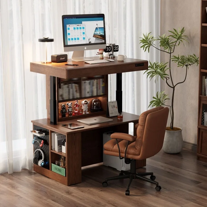 Solid wood double-layer electric lifting table, new e-sports computer table, dresser home desk, study office workbench