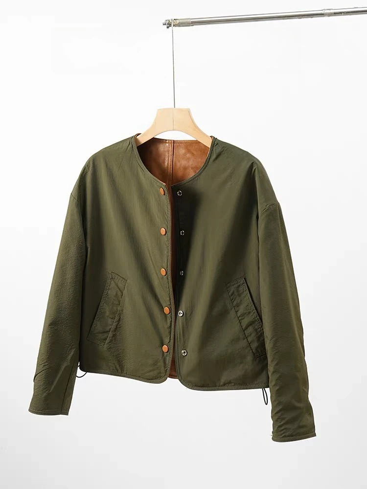 Hochwertige Lederjacke für Frauen 2025, O-Ausschnitt, Schaffell-Ledermantel, weiblich, locker, vielseitig, Jaqueta Streetwear