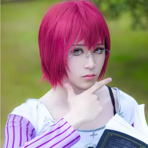 High Quality Anime Goat's Sin of Lust Gowther Cosplay Wig Short Rose Red Heat Resistant Synthetic Hair Party Wig + Wig Cap