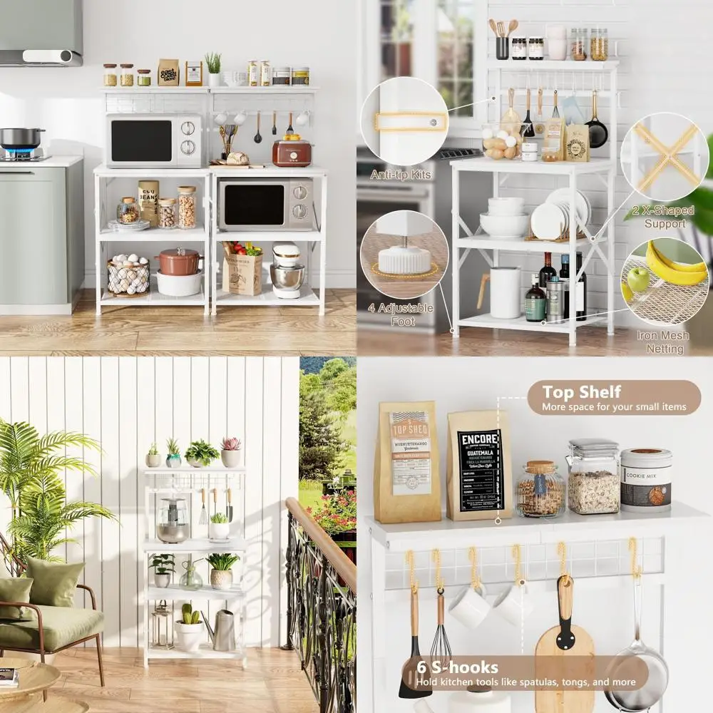 

White 4-Tier Kitchen Baker's Rack with Hutch, Coffee Bar, Microwave Stand, Spice Organizer, and 6 Hooks