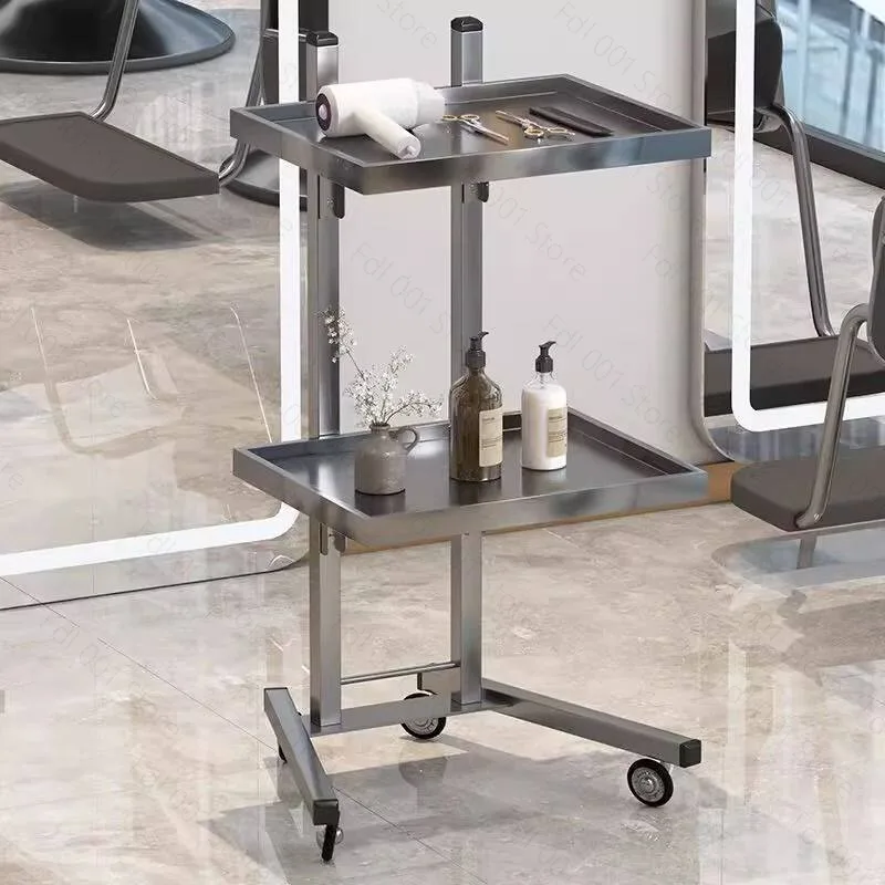 Multi Function Stainless Steel Foldable 2 Tier Rolling Trolley Storage Cart For Salon Supermarket Workbench Use
