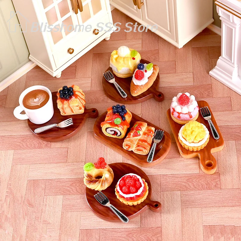 【S】2Pcs/set Dollhouse Mini Cake Dessert Model Dollhouse Mini Kitchen Decoration Dolls House Accessories Pretend Play Toys
