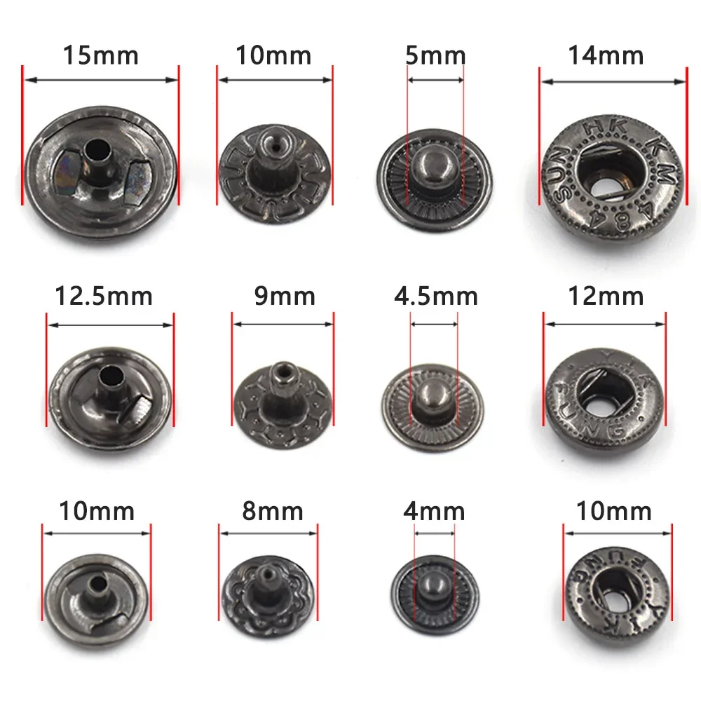 51sets 10mm/12.5mm/15mm snap buttons. Grasp the mold. Button to install the tool. Metal rivet mold.