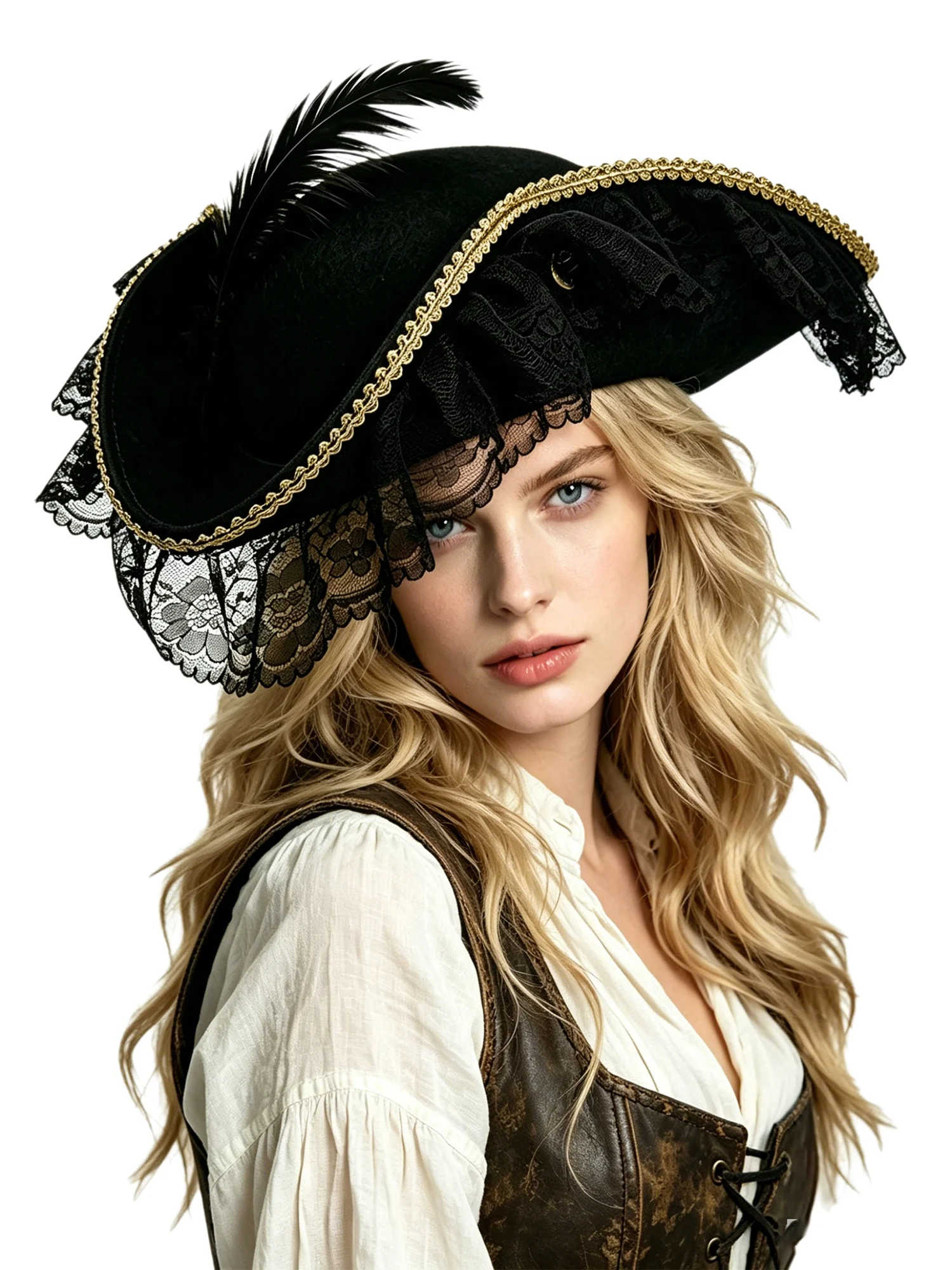 Women Men Lace Pirate Hat Gold Braided Trim Shimmering Steampunk Vintage Halloween Cosplay Fancy Dress Theatrical Performance