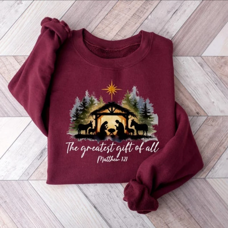 Nativity Scene The Greatest of All Christian Sweatshirt Matthew 1:21 Faith Xmas Religious Holiday Gift Winter Matching Hoodies