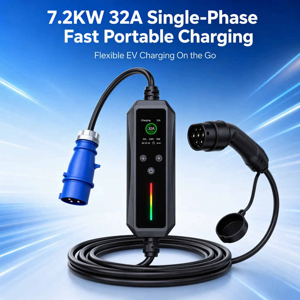 EVMBO Portable EV Charger 7kW 32A Type2 Mode 2 CEE Plug 230V EV Charging Cable with LCD Screen for Electric Cars