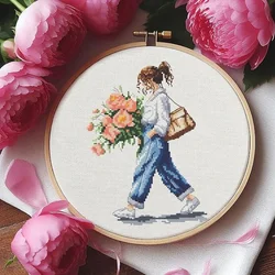 Cross Stitch set Cross Stitch Embroidery Kits Needlework Craft Set Cotton Thread Canvas Home Decoration 7-flower Girl 1-25-30