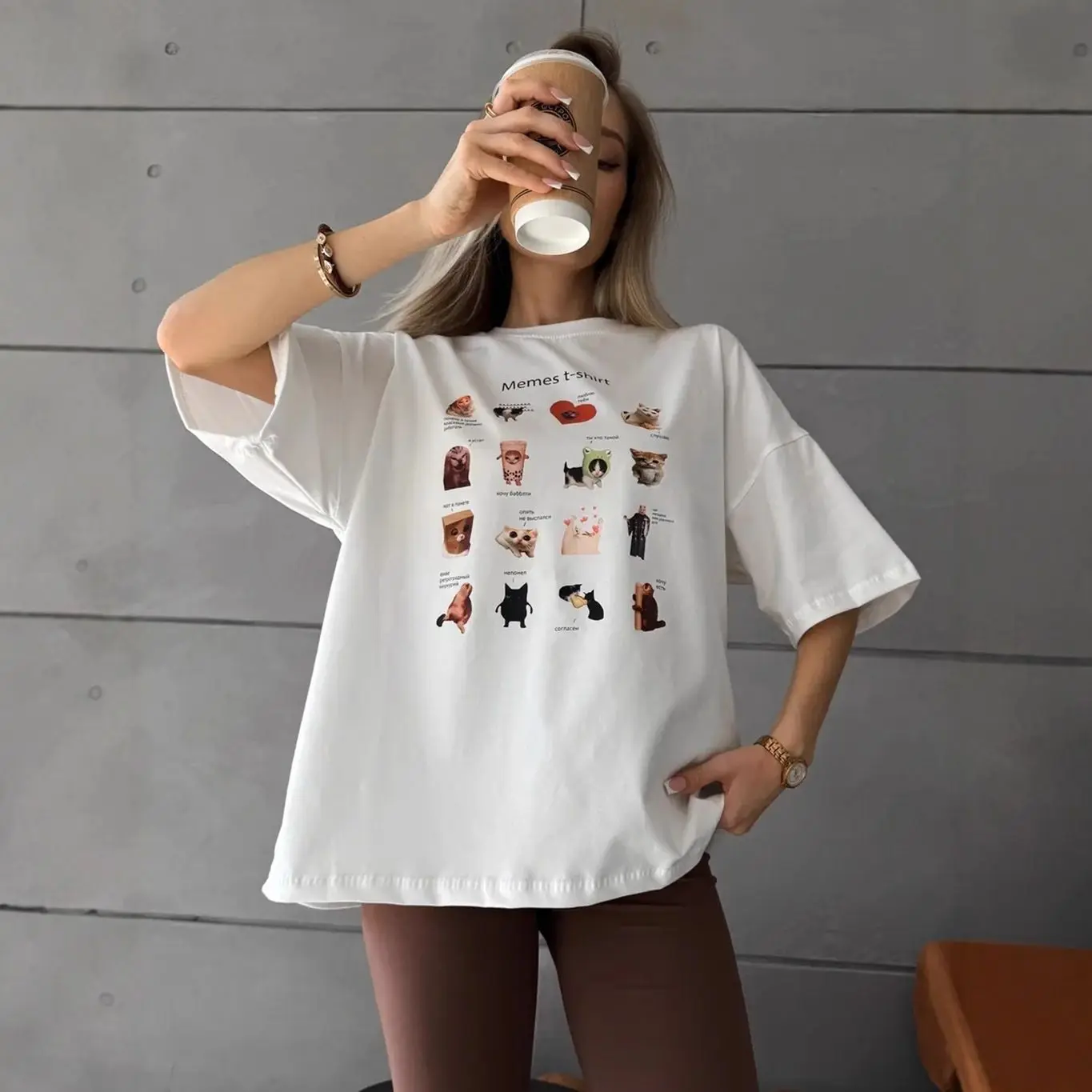 Funny Viral Cat Meme Collection Print Oversized White Cotton T-Shirt Playful & Internet-Famous Aesthetic Sweet Women Streetwear