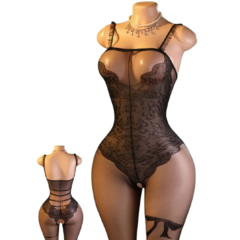 1-Piece Black Lace & Sheer Mesh Teddy Lingerie; features exquisite jacquard lace paired with ultra-thin, transparent mesh.