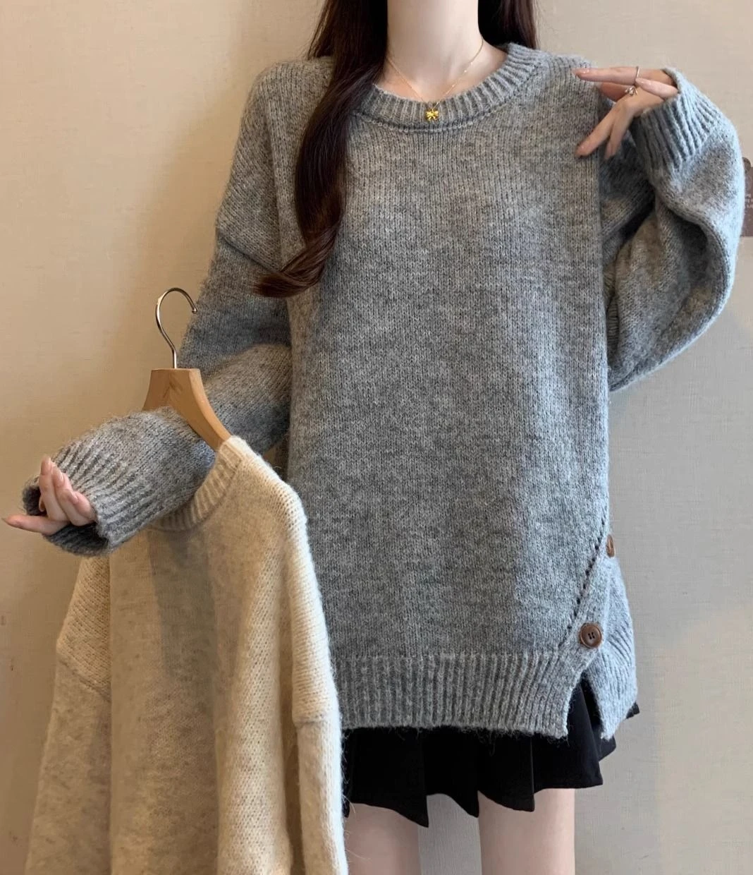 

Lazy Style Knitted Sweater Women's Autumn and Winter Plus Size Slimming Split Bottom Top
