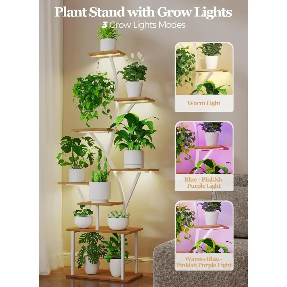 8-Tier Indoor Metal Plant Stand with Grow Lights, 64 Tall, White for Home Decor and Patio