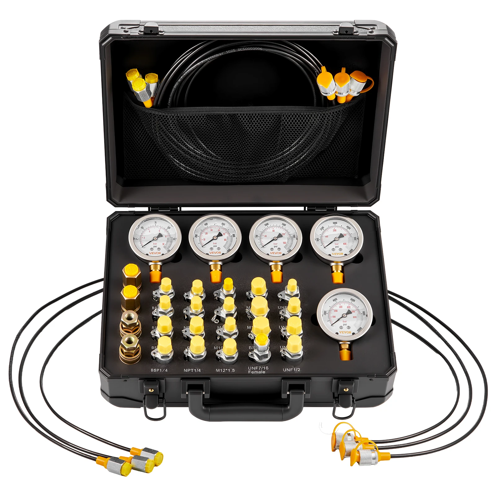 SucceBuy Kit de teste de pressão hidráulica Kit de medidor hidráulico 5 medidores 20 acoplamentos 4 acopladores 3 mangueiras para máquinas de construção