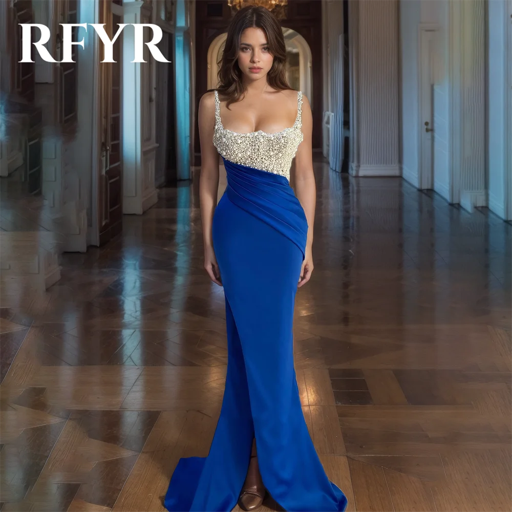 

RFYR Navy Blue Elegant Beading Women Evening Dress Simple Sleeveless with Pleats Scoop Trumpet Prom Formal Gown Dress Customized