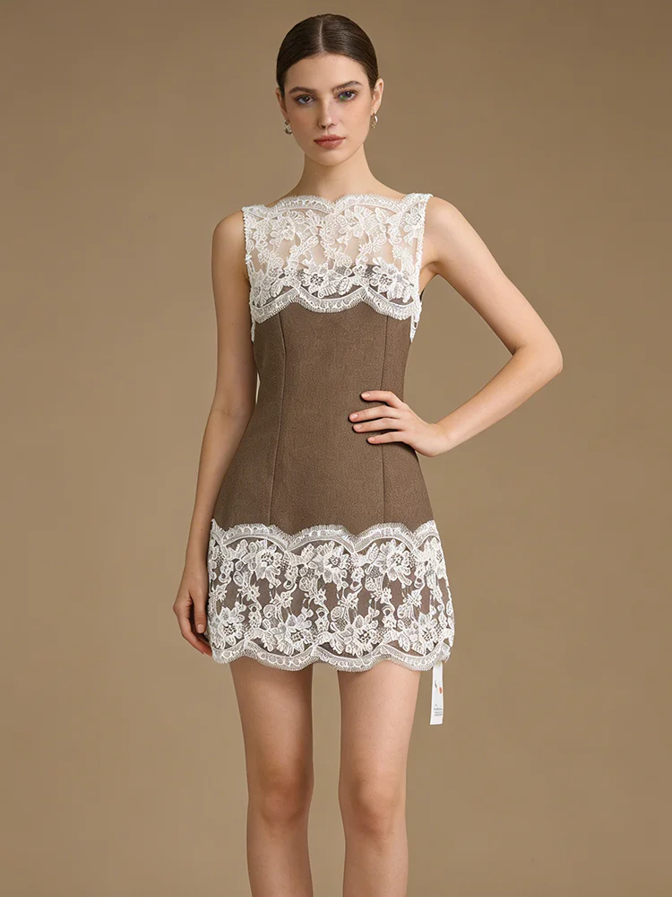 

Nova Women Brown Lace Patchwork Sleeveless Mini Dress, Elegant Vintage A-line Bodycon Cocktail Dress
