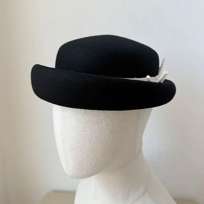 النمط البريطاني الصوف الأسود الرجعية أزياء المرأة فيدورا قبعة الفرنسية أنيقة القبعات مصمم الشتاء الكلاسيكية أعلى قبعة حزب روسيا كاب #4