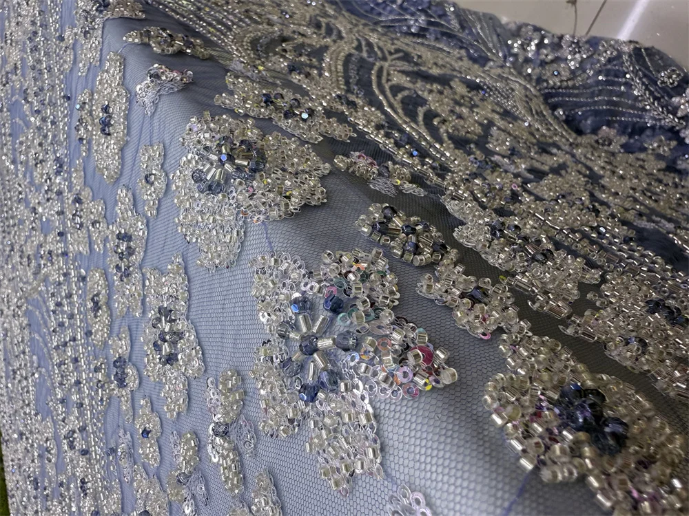 2024 Luxury Heavy Beaded Lace Fabric High Quality African Embroidery Sequins Beaded Tulle Lace Fabric for Evening Party Dresses