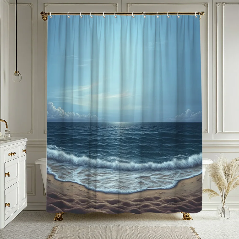 Luxury Beach Seascape Ocean View Shower Curtain Waterproof Polyester Bathroom Decor Coastal Seascape Curtain Liner Bath Accessor