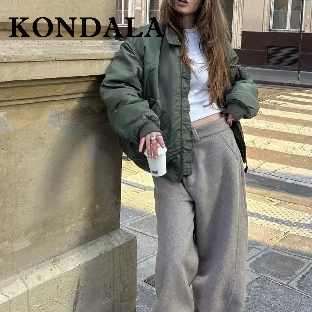 KONDALA Chic 2025, Herbst Winter Frauen Motorrad-stil Jacke Zipper Tasche Lose Warme Grüne Mäntel Mode Lässig Weiblichen Outwear