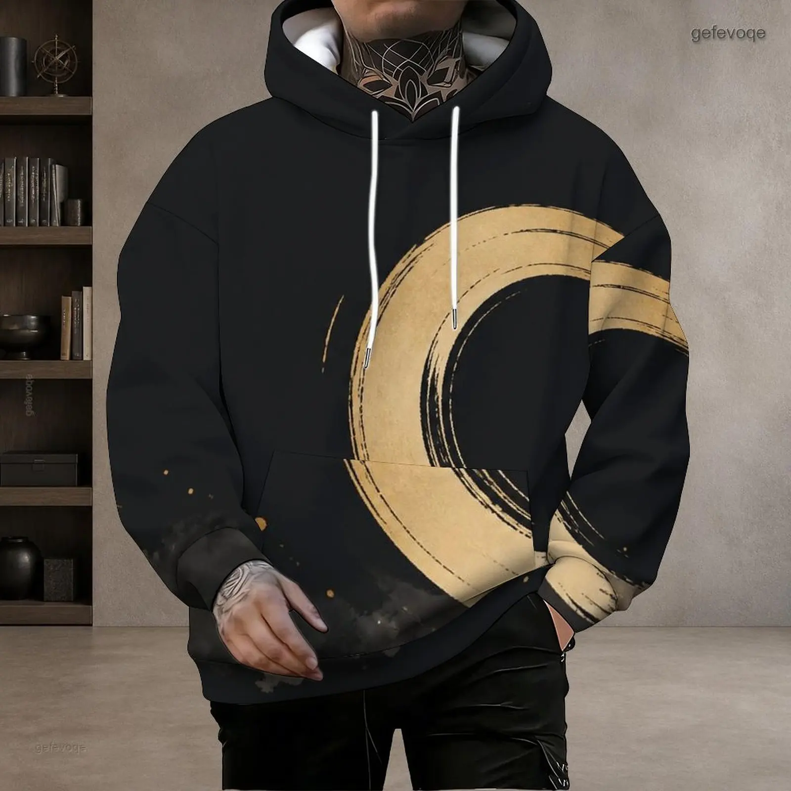 Men Abstract Dripping Brush Stroke Gold Blue Star Printed Black Long Sleeve Drawstring Pullover Hoodie