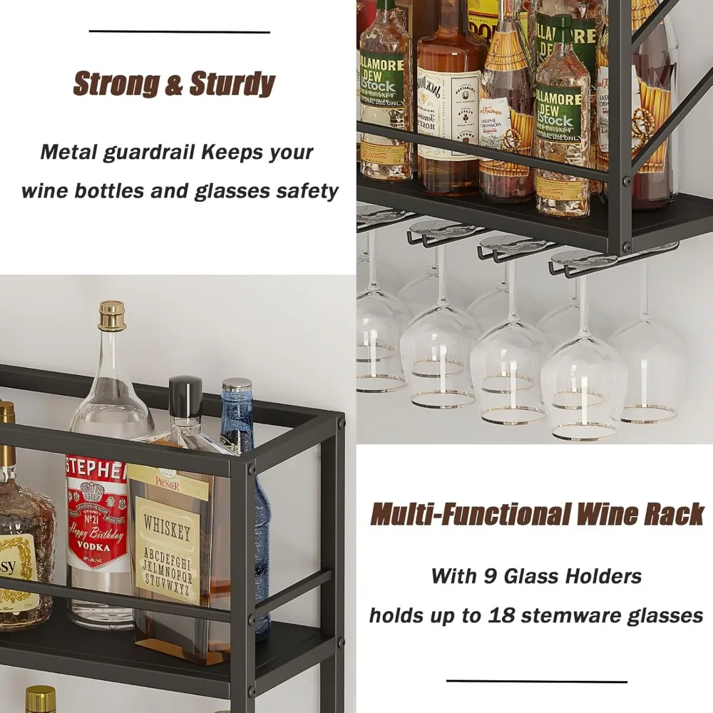 Wall Mounted Wine Rack 2 Tier, Metal Bar Liquor Shelves and Glass Holder,Wall Bar Shelf Wine Display Storage Holder